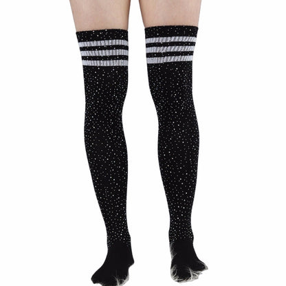 Rhinestone Knee High Football Socks - Black w/ White Stripes