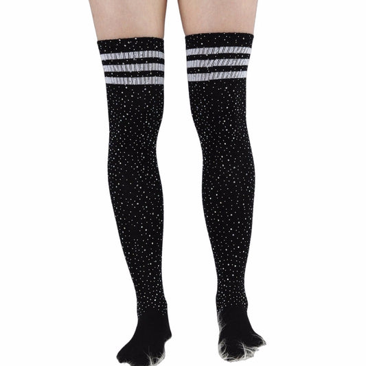 Rhinestone Knee High Football Socks - Black w/ White Stripes