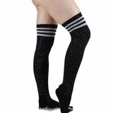 Rhinestone Knee High Football Socks - Black w/ White Stripes