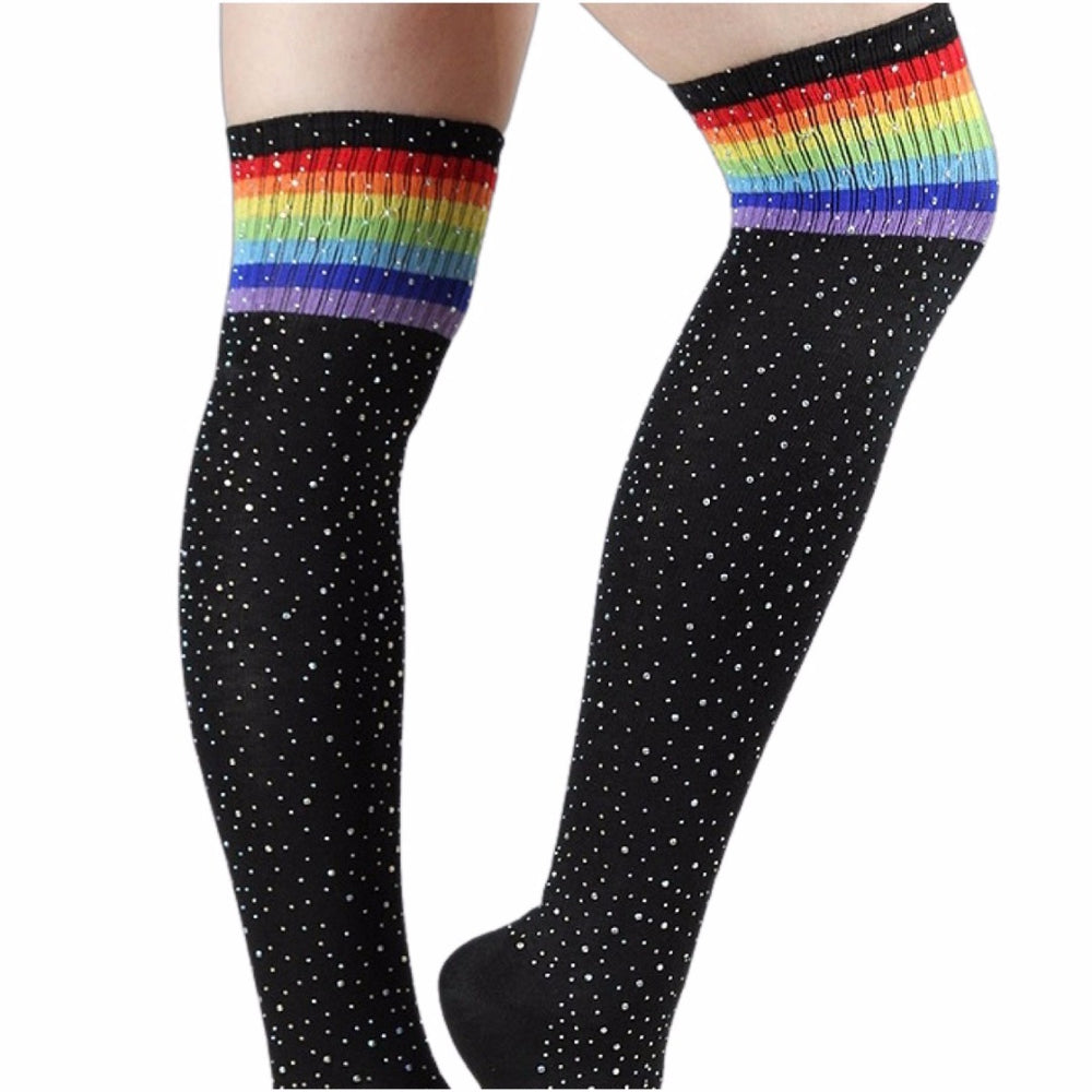 Rhinestone Knee High Football Socks - Black/Rainbow