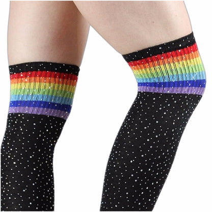 Rhinestone Knee High Football Socks - Black/Rainbow