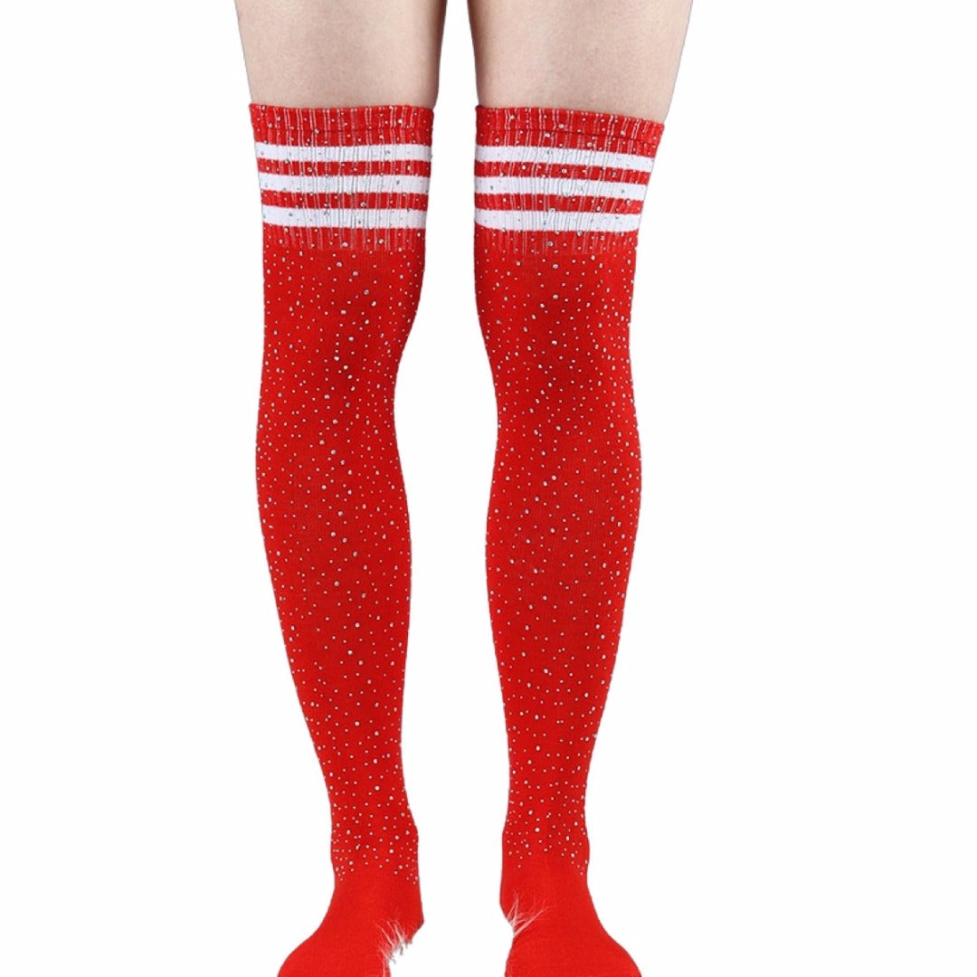 Rhinestone Knee High Football Socks - Red