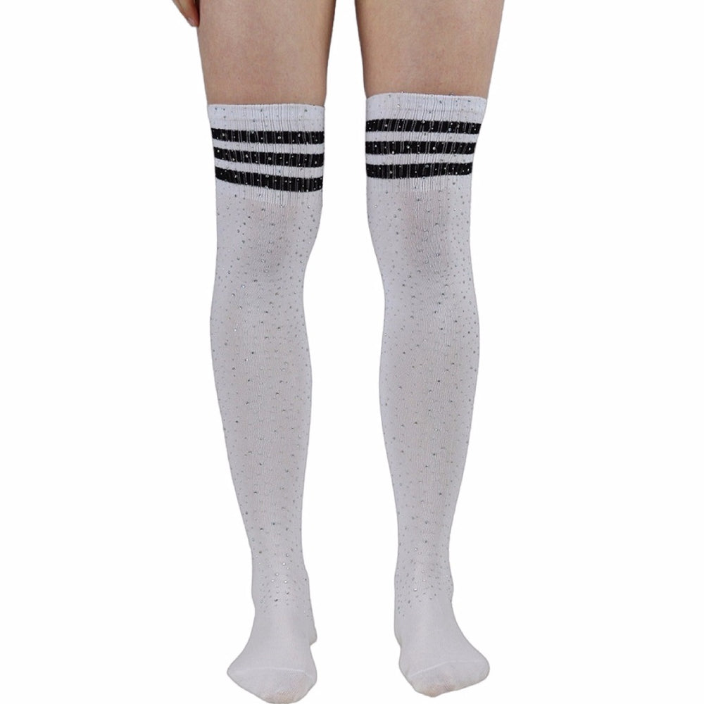Rhinestone Knee High Football Socks - White w/ Black Stripes