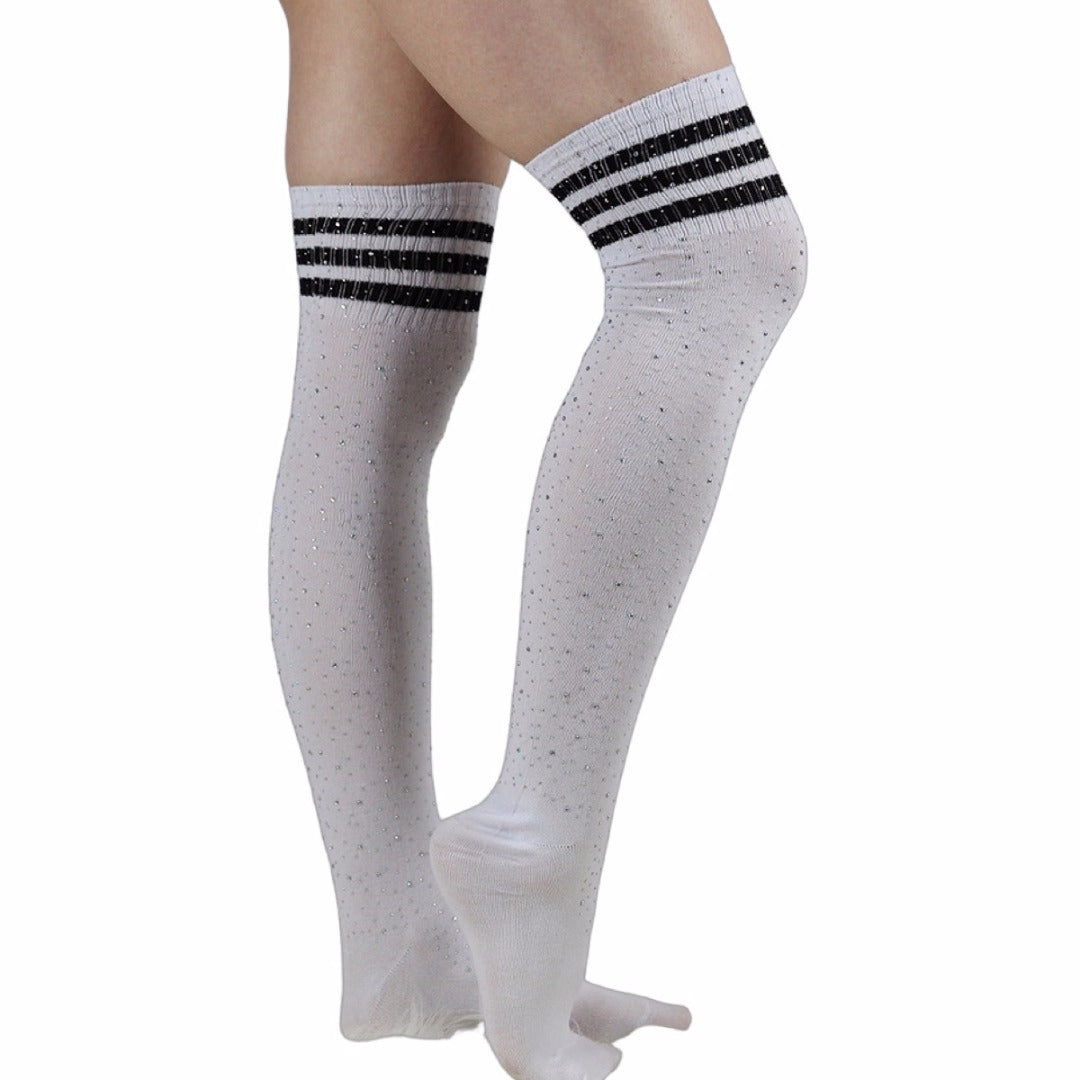 Rhinestone Knee High Football Socks - White w/ Black Stripes