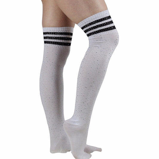 Rhinestone Knee High Football Socks - White w/ Black Stripes