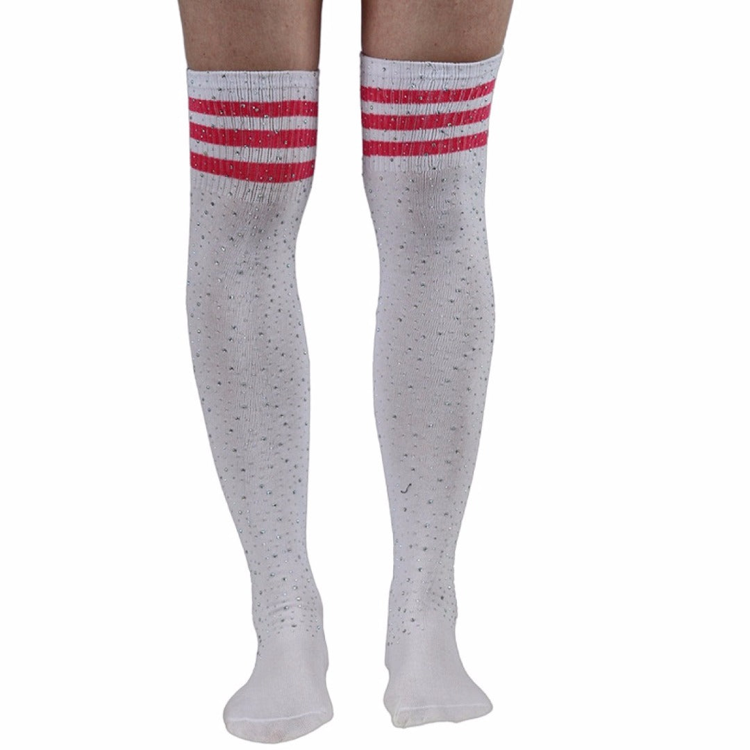 Rhinestone Knee High Football Socks - White w/ Pink Stripes