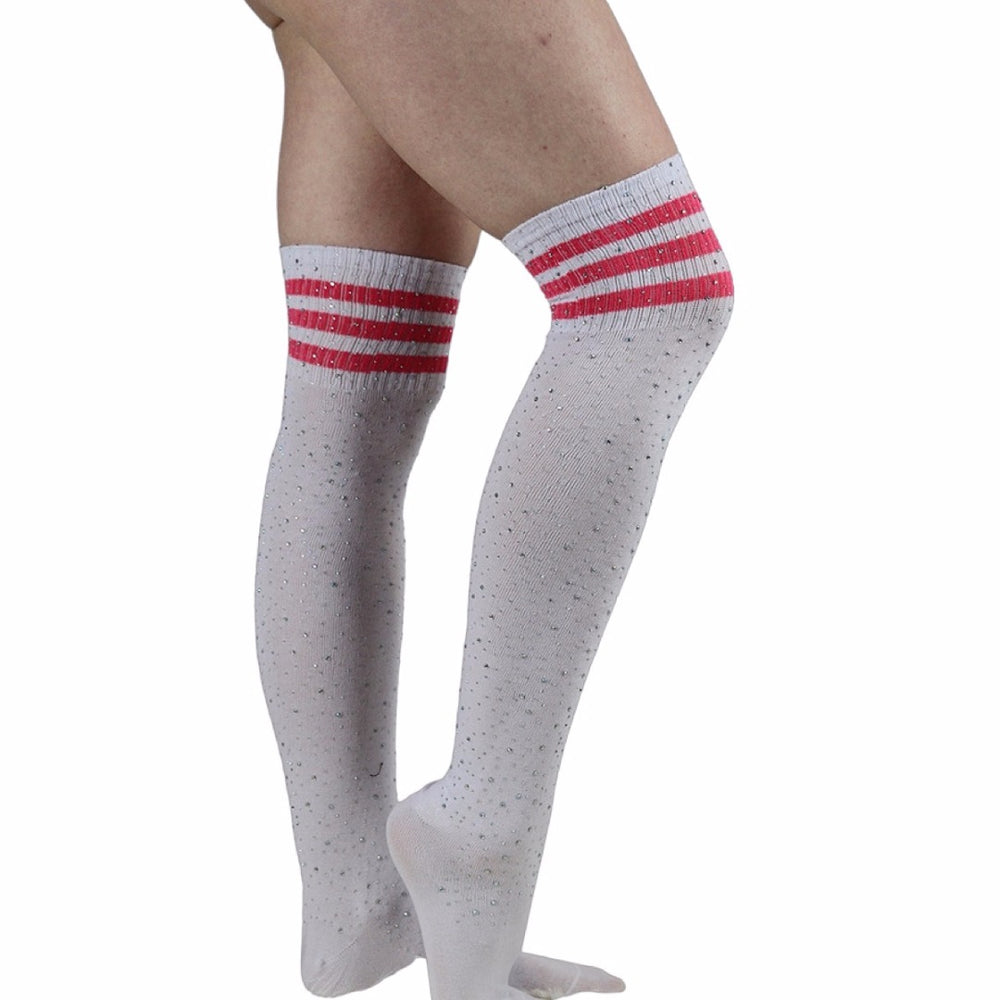 Rhinestone Knee High Football Socks - White w/ Pink Stripes