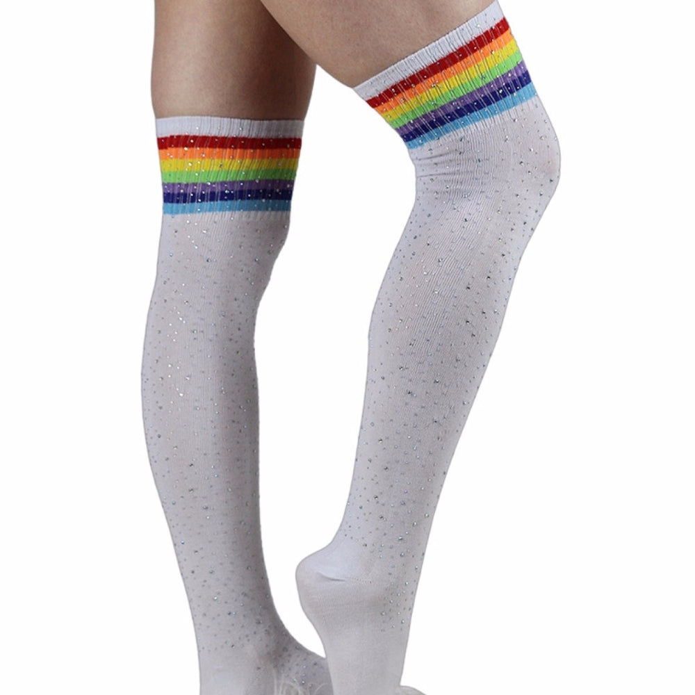 Rhinestone Knee High Football Socks - White/Rainbow