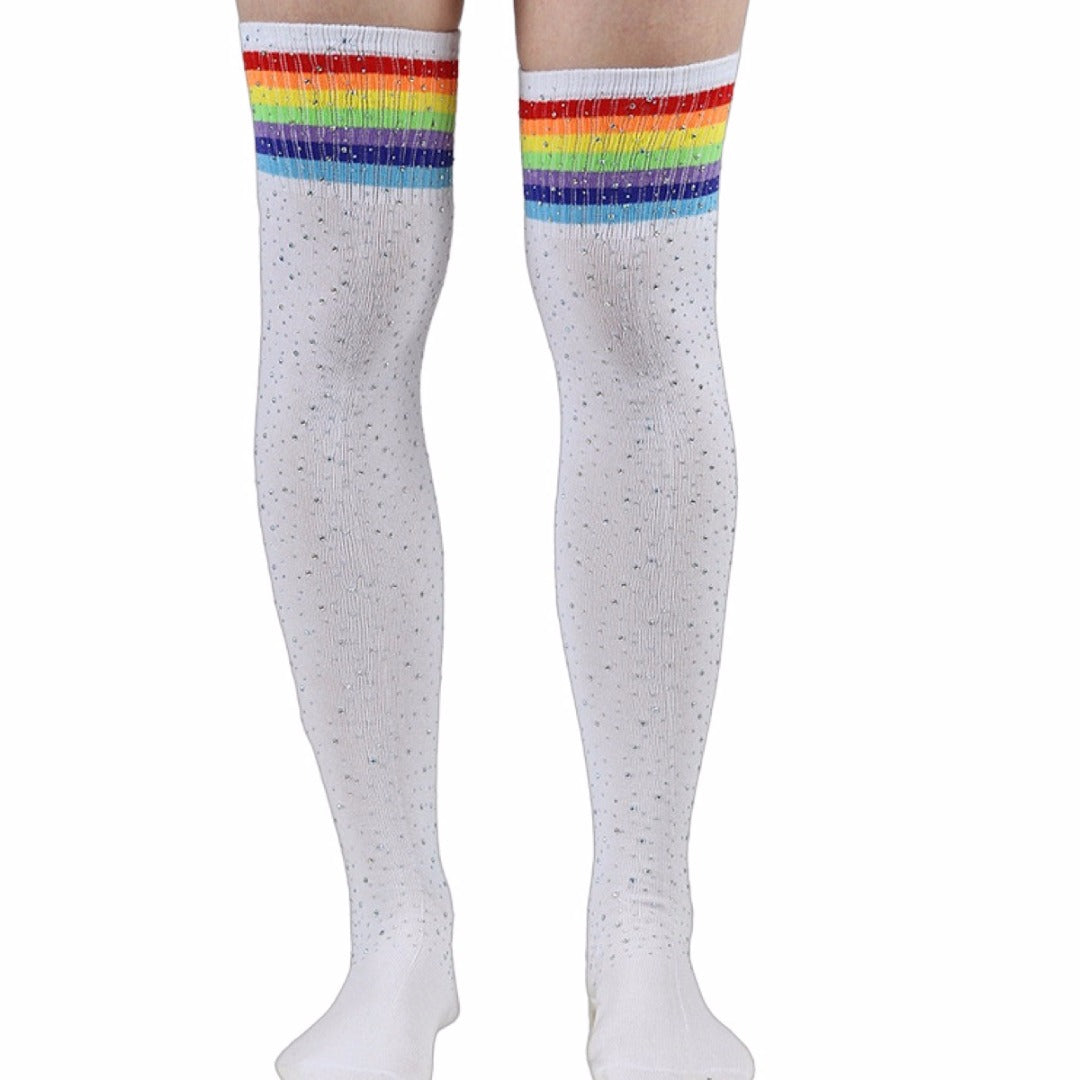 Rhinestone Knee High Football Socks - White/Rainbow